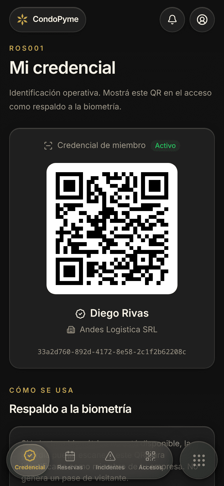 Home de la app CondoPyme: credencial de miembro con código QR de acceso