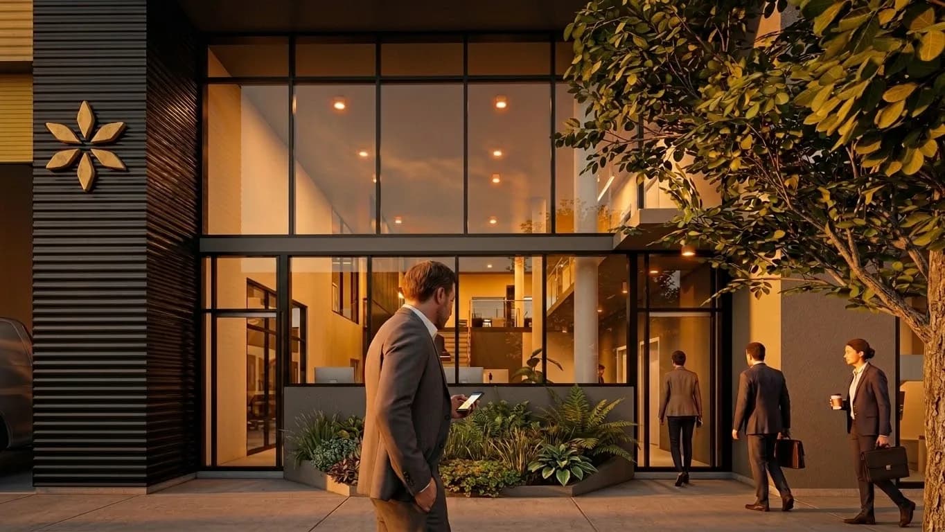 Ingreso al edificio de oficinas de ROS001 al atardecer, con el lobby iluminado