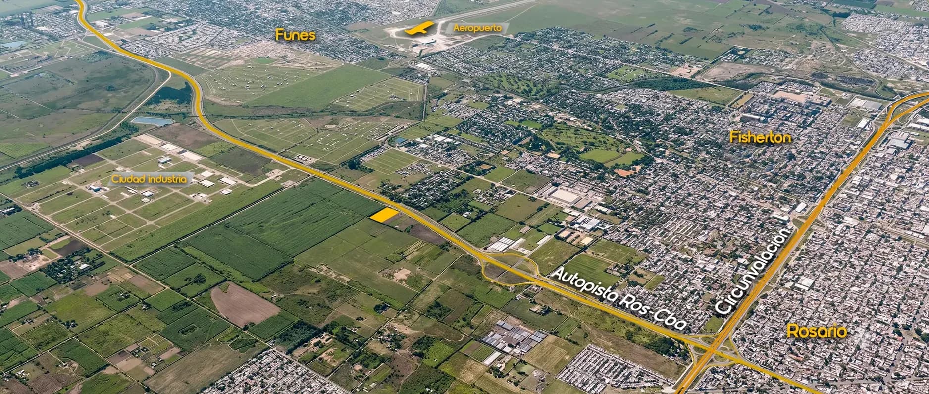 Vista satelital del corredor oeste de Rosario con Funes, Fisherton, la Circunvalación y la Autopista Rosario–Córdoba; el marcador señala la ubicación de ROS001.